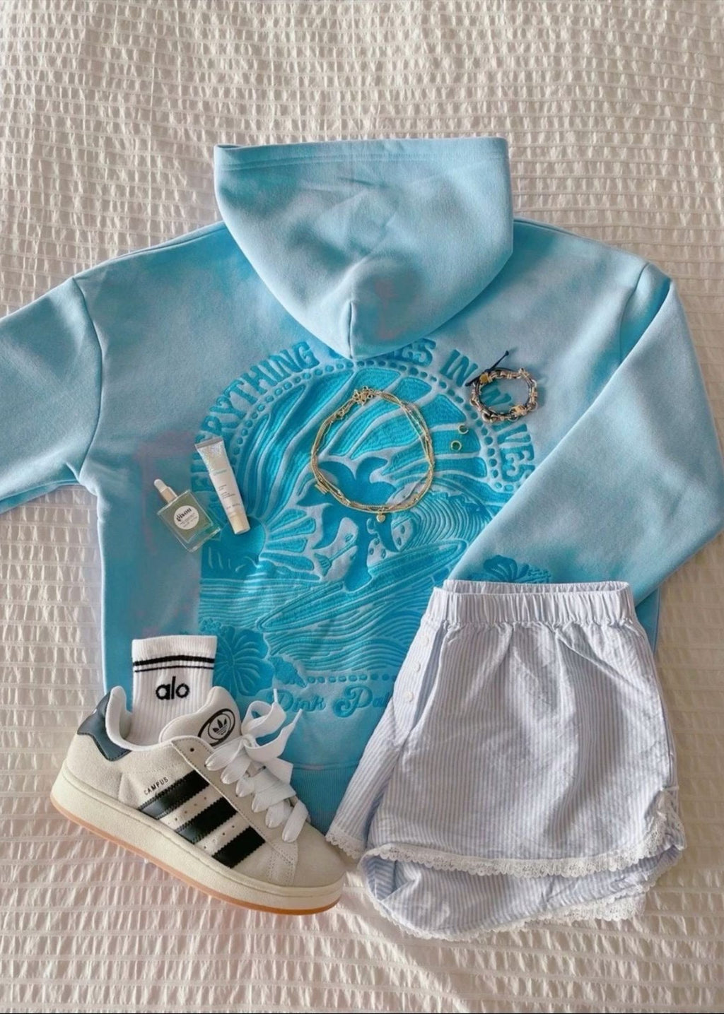 "Everything Comes in Waves" Hoodie, adjustable drawstring hood and pocket, in Blue - coastal preppy aesthetic beach style by Pink Palm Puff