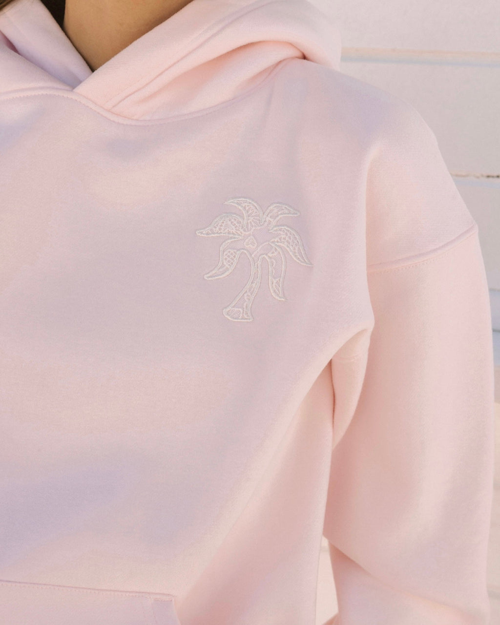 "Lacy" Hoodie, adjustable drawstring hood and pocket, in Angel Pink - coastal preppy aesthetic beach style by Pink Palm Puff