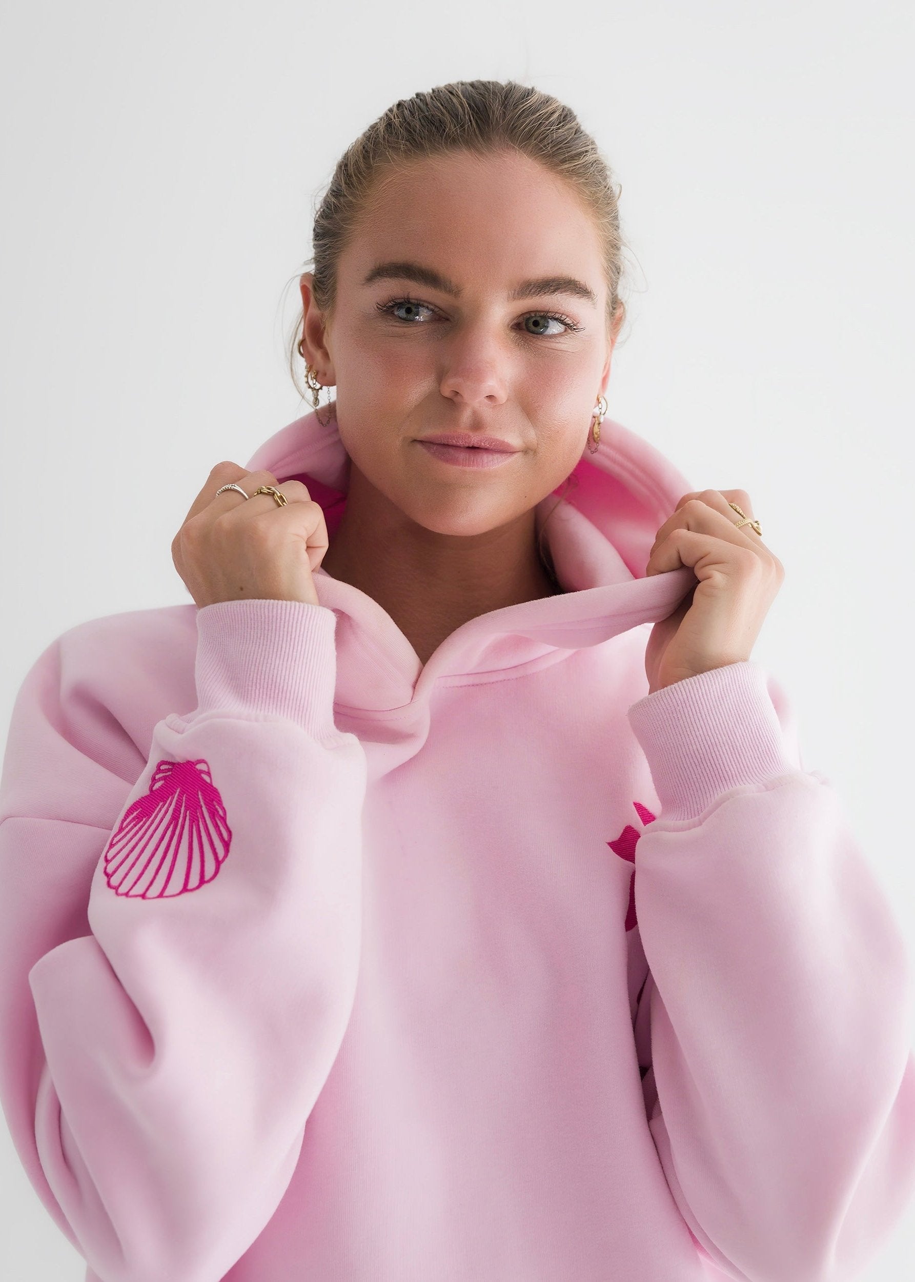 "Hawaii Hibiscus" Hoodie, adjustable drawstring hood and pocket, in Blush - coastal preppy aesthetic beach style by Pink Palm Puff