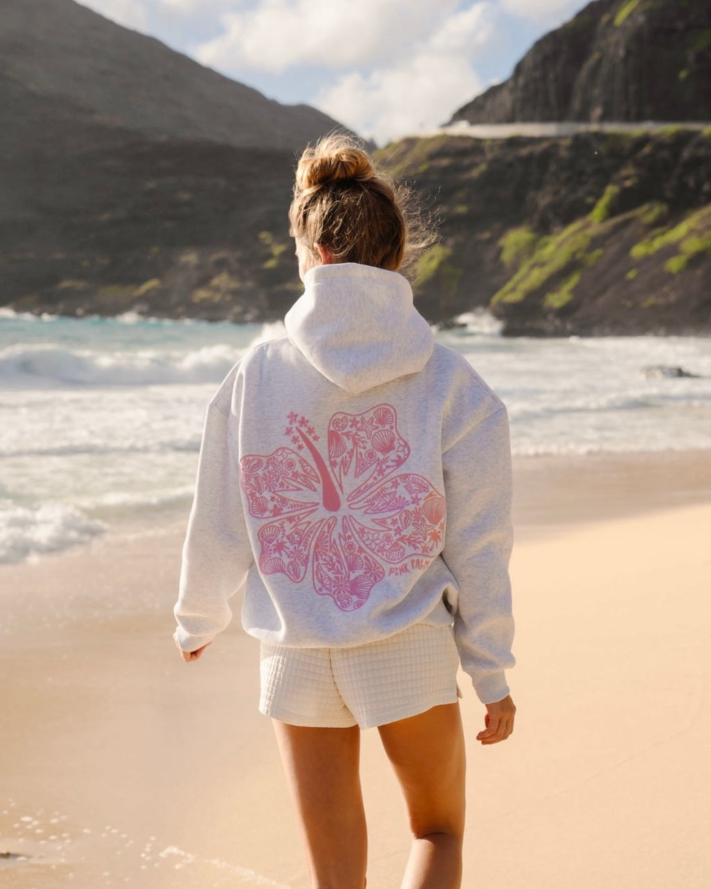 "Hawaii Hibiscus" Hoodie, adjustable drawstring hood and pocket, in Heather Cloud - coastal preppy aesthetic beach style by Pink Palm Puff