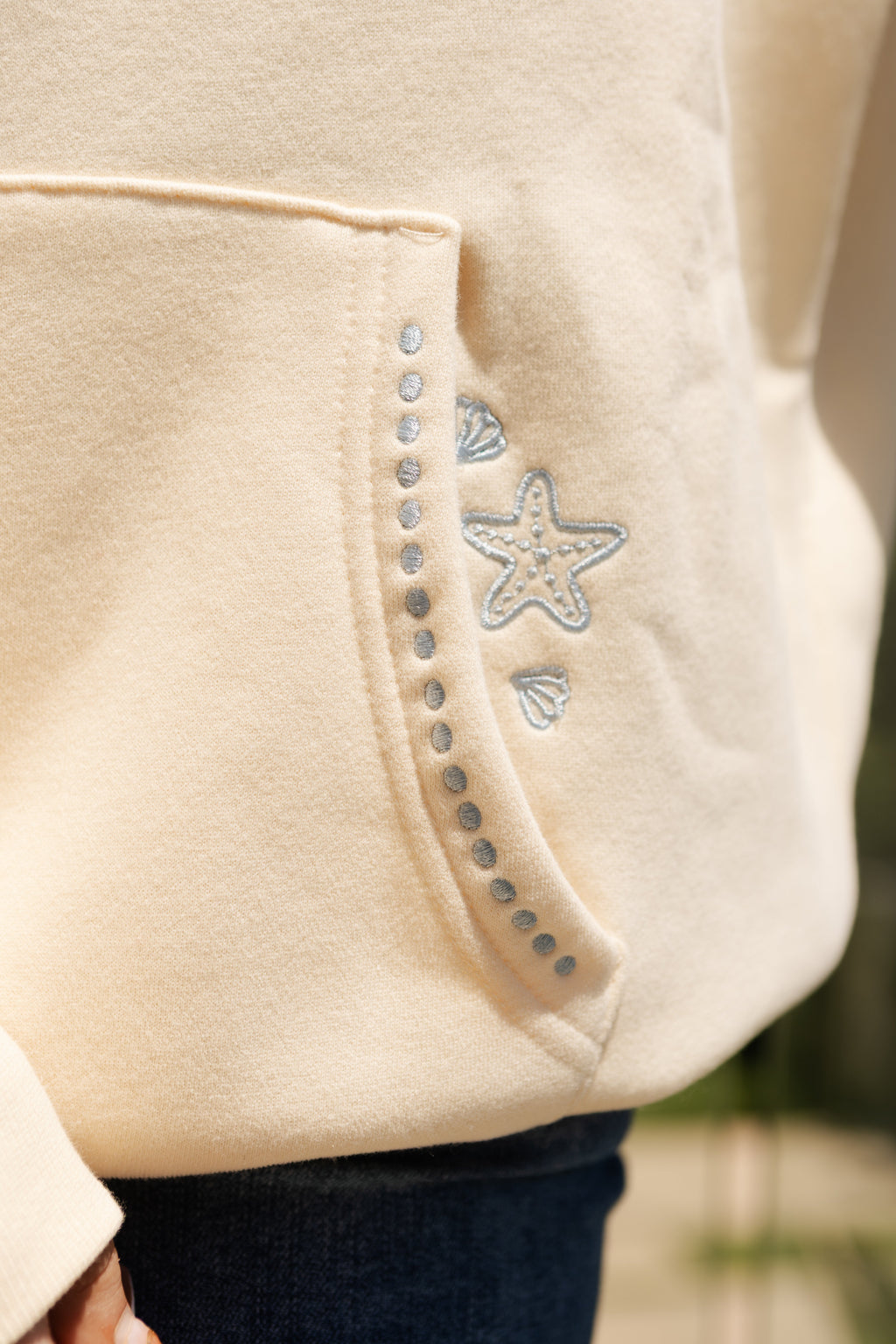 "Live in the Moment" Hoodie, adjustable drawstring hood and pocket, in Sand - coastal preppy aesthetic beach style by Pink Palm Puff