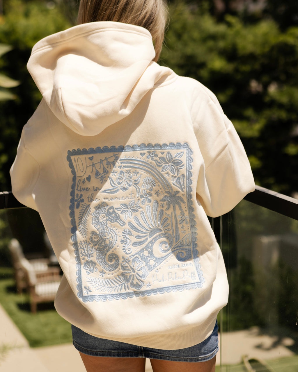 "Live in the Moment" Hoodie, adjustable drawstring hood and pocket, in Sand - coastal preppy aesthetic beach style by Pink Palm Puff