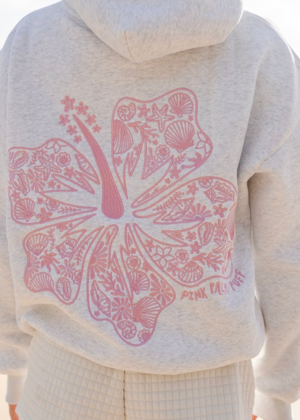 "Hawaii Hibiscus" Hoodie, adjustable drawstring hood and pocket, in Heather Cloud - coastal preppy aesthetic beach style by Pink Palm Puff