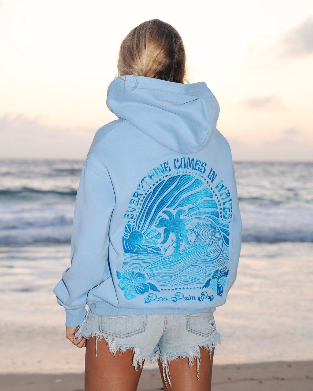 "Everything Comes in Waves" Hoodie, adjustable drawstring hood and pocket, in Blue - coastal preppy aesthetic beach style by Pink Palm Puff