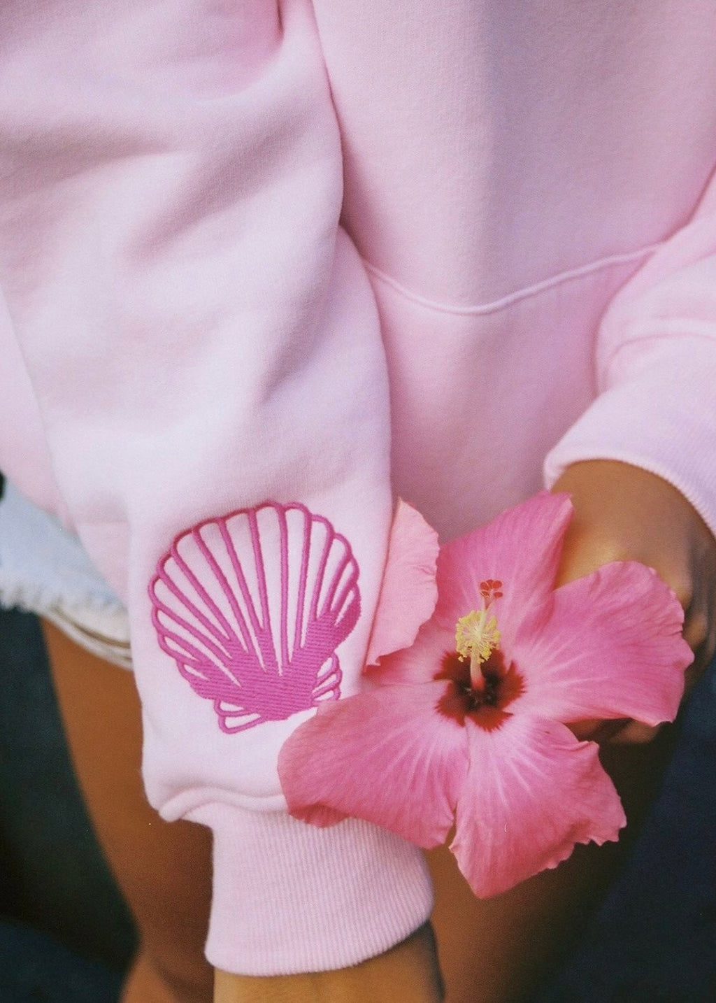"Hawaii Hibiscus" Hoodie, adjustable drawstring hood and pocket, in Blush - coastal preppy aesthetic beach style by Pink Palm Puff