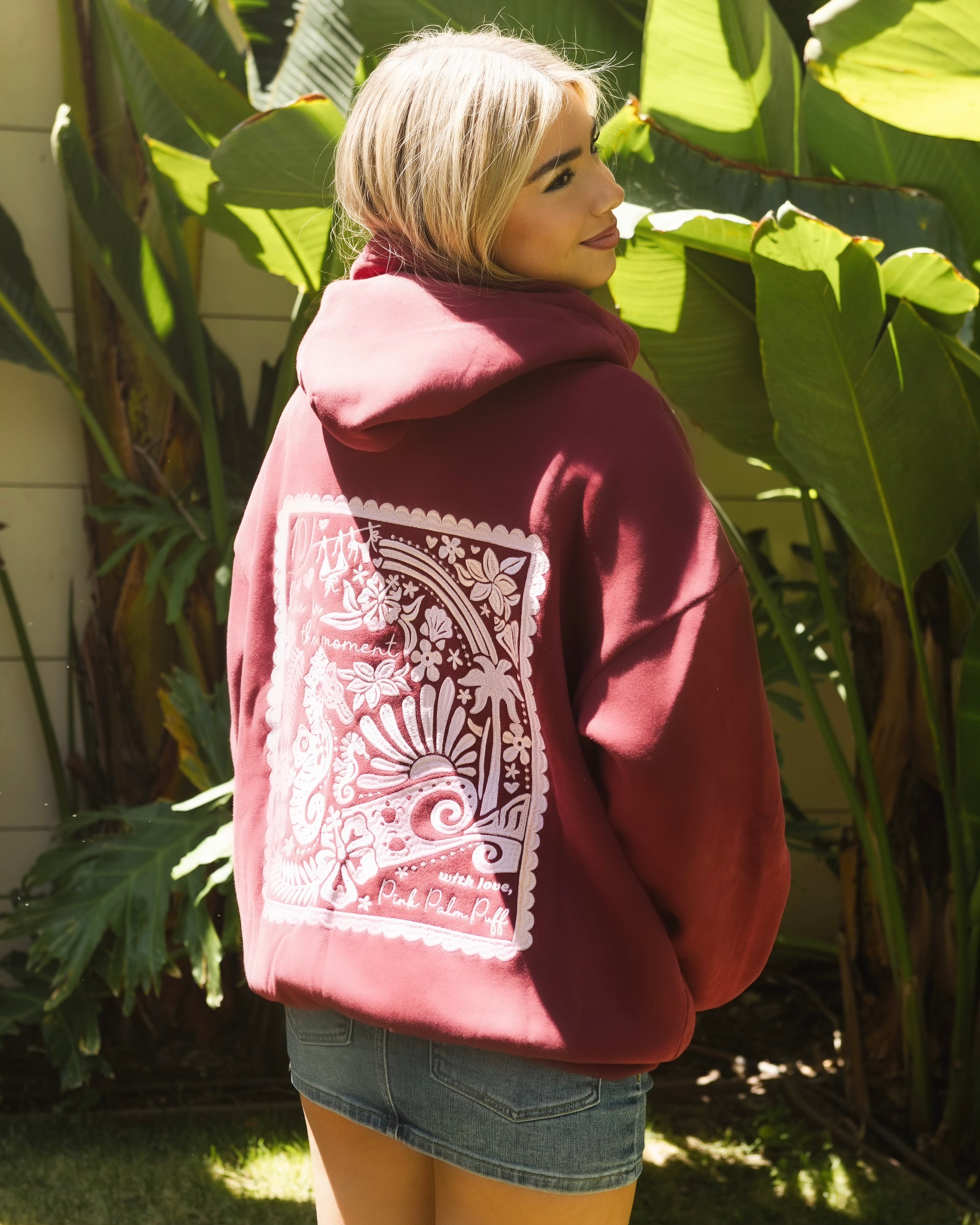 "Live in the Moment" Hoodie, adjustable drawstring hood and pocket, in Cherry - coastal preppy aesthetic beach style by Pink Palm Puff