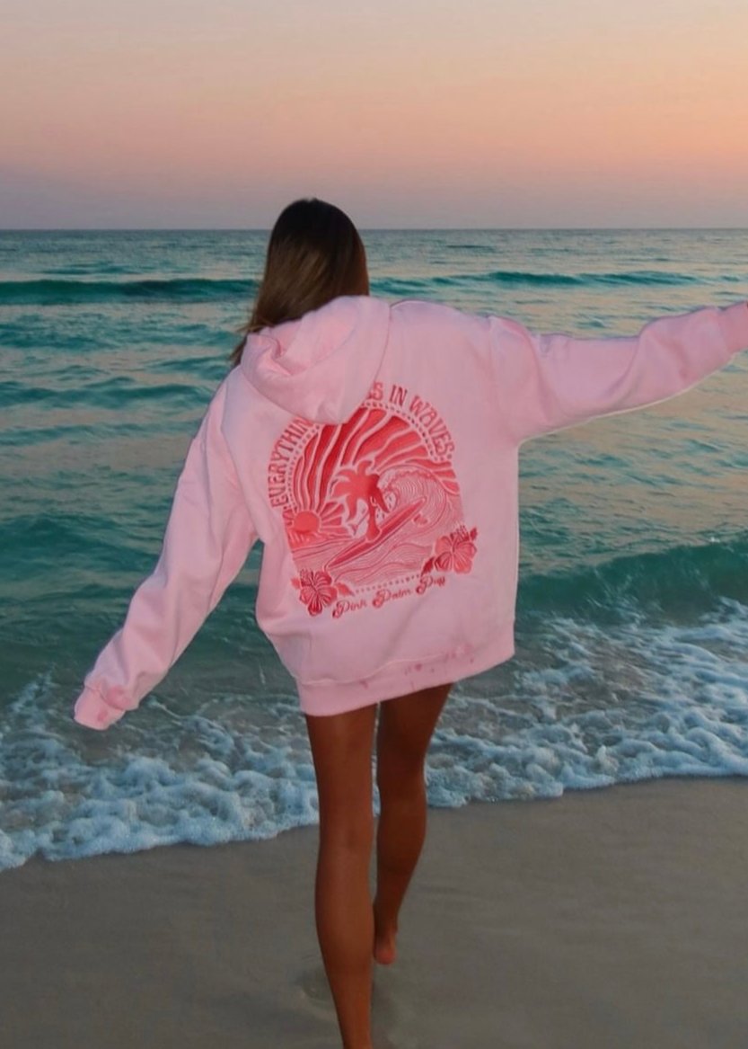 "Everything Comes in Waves" Hoodie in Pink by Pink Palm Puff