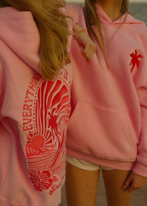 "Everything Comes in Waves" Hoodie in Pink by Pink Palm Puff