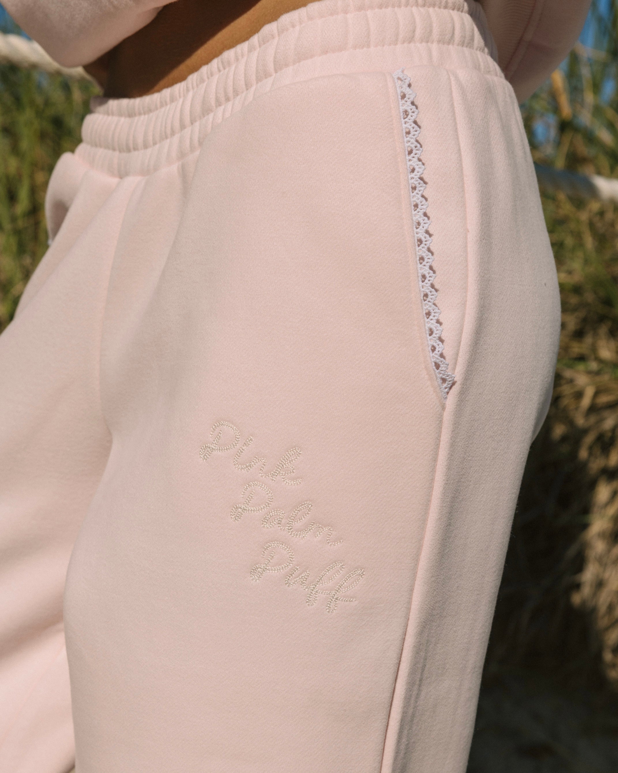 "Lacy" Wideleg Sweatpants, relaxed wide-leg fit with an elastic waistband, in Angel Pink - coastal preppy aesthetic beach style by Pink Palm Puff