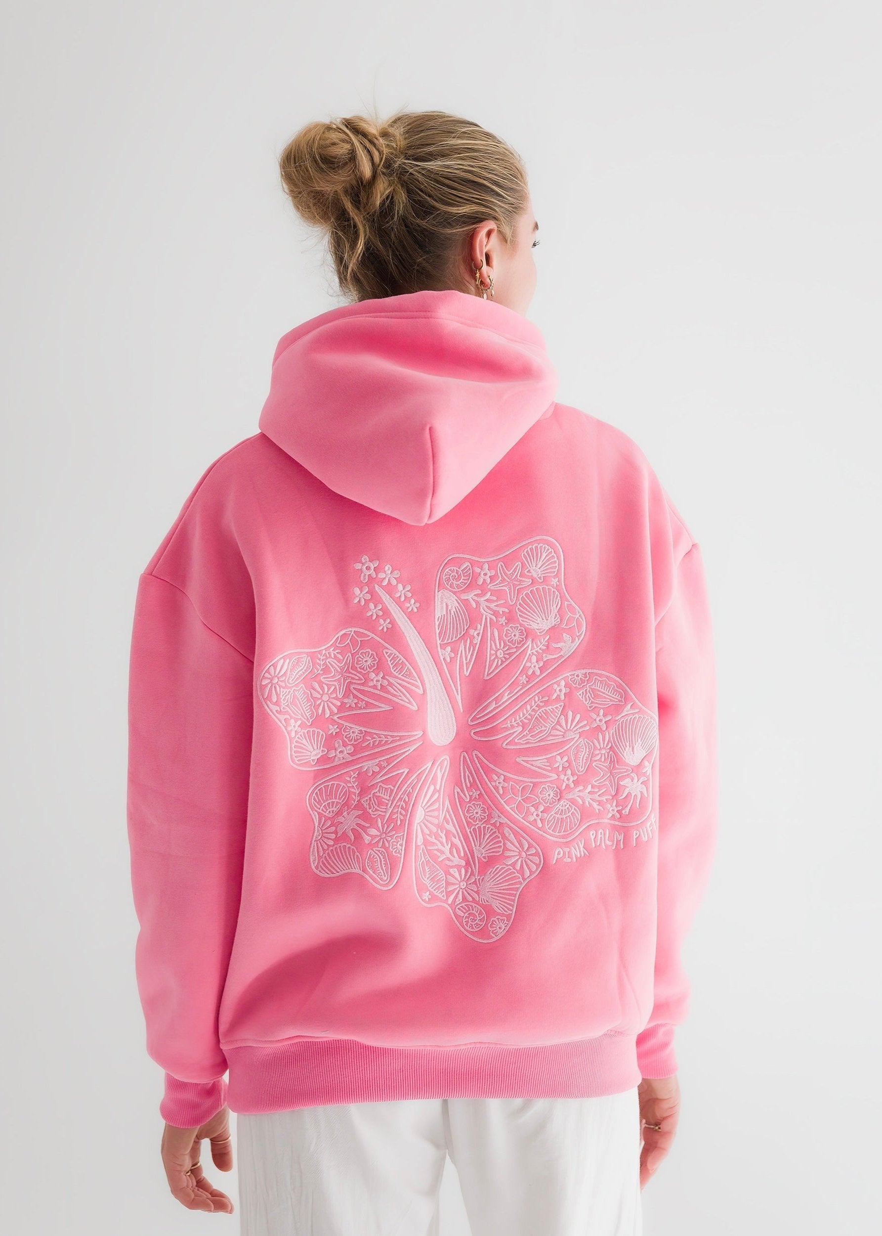 "Hawaii Hibiscus" Hoodie, adjustable drawstring hood and pocket, in Sonic Pink - coastal preppy aesthetic beach style by Pink Palm Puff