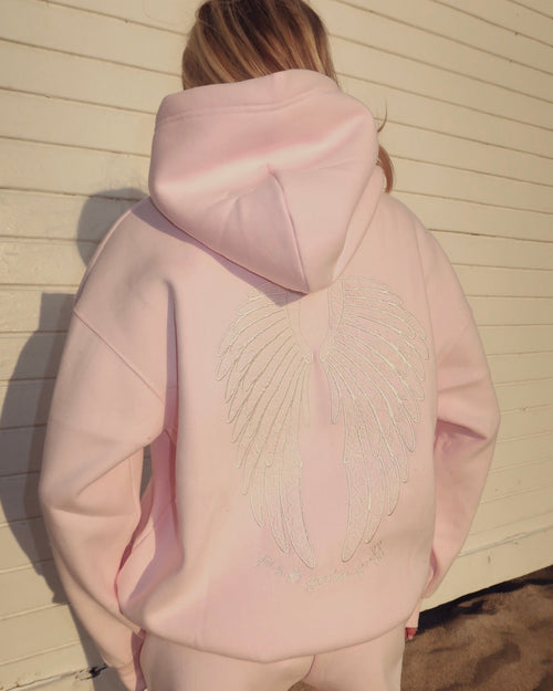 "Lacy" Hoodie, adjustable drawstring hood and pocket, in Angel Pink - coastal preppy aesthetic beach style by Pink Palm Puff