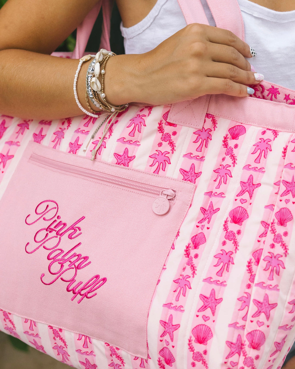 Couture Carryall, spacious reversible design, in Blush Bay (Reversible) - coastal preppy aesthetic beach style by Pink Palm Puff