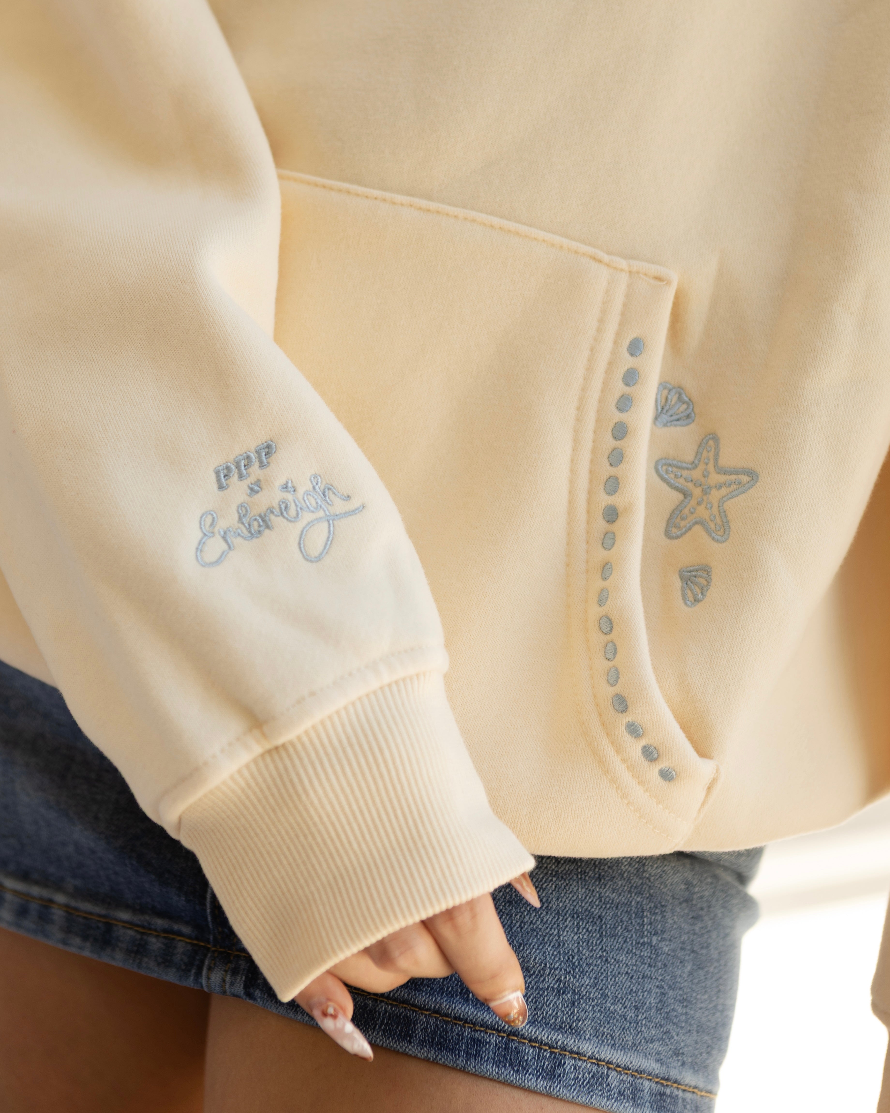 "Live in the Moment" Hoodie, adjustable drawstring hood and pocket, in Sand - coastal preppy aesthetic beach style by Pink Palm Puff
