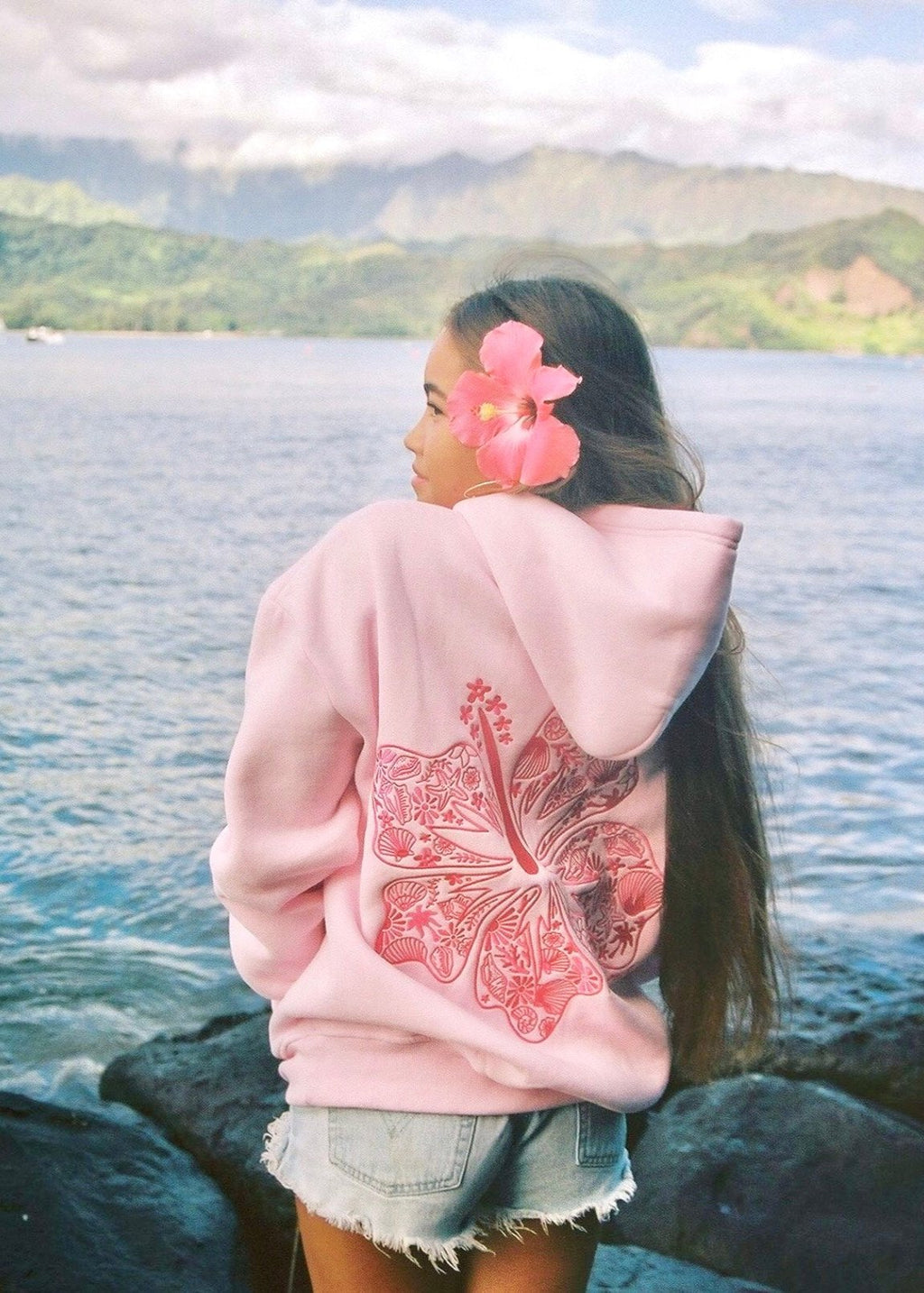 "Hawaii Hibiscus" Hoodie, adjustable drawstring hood and pocket, in Blush - coastal preppy aesthetic beach style by Pink Palm Puff