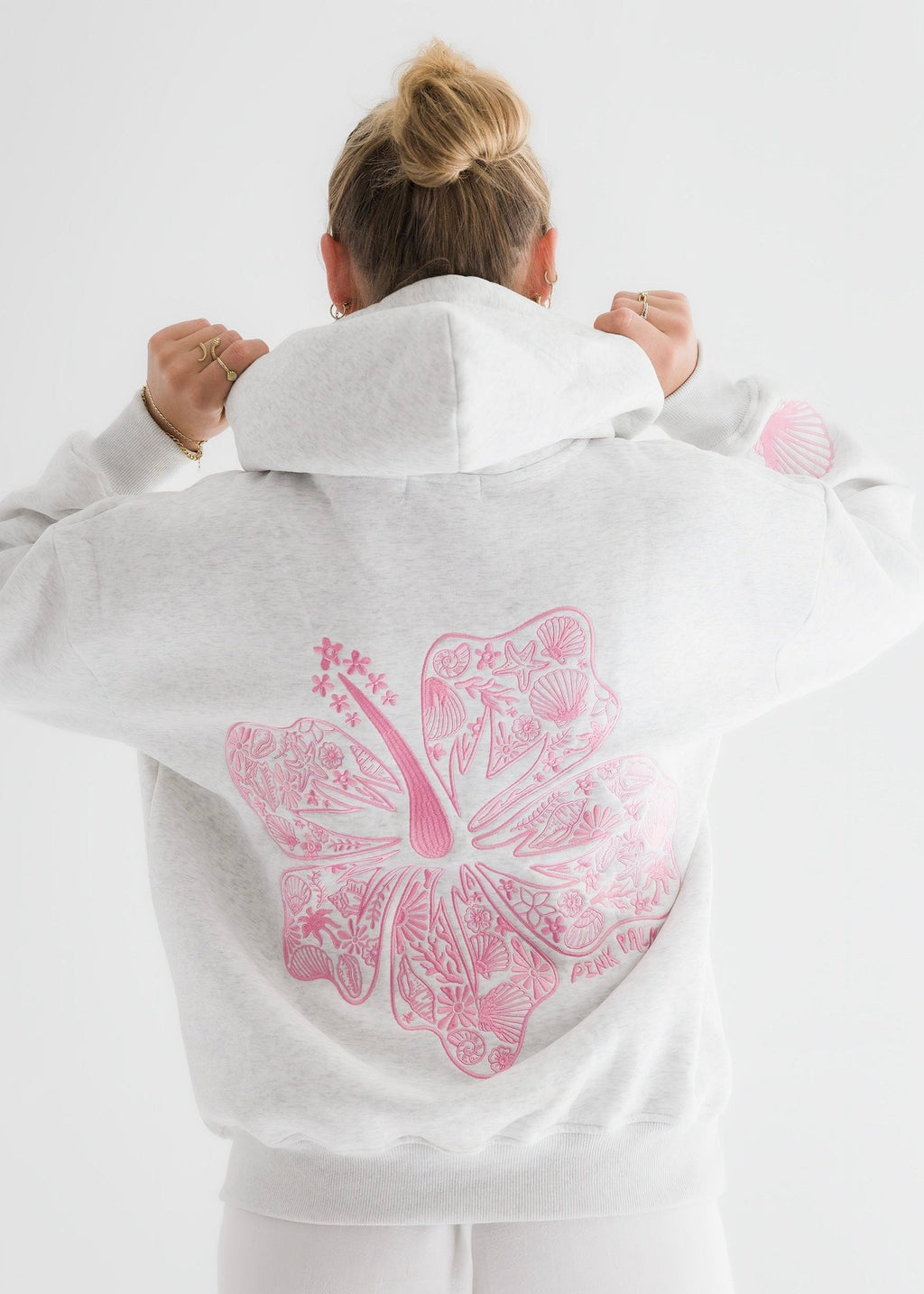 "Hawaii Hibiscus" Hoodie, adjustable drawstring hood and pocket, in Heather Cloud - coastal preppy aesthetic beach style by Pink Palm Puff